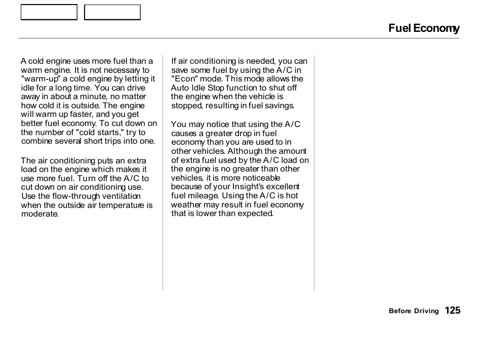 Fuel economy | HONDA 2000 Insight  - Owner's Manual User Manual | Page 128 / 262