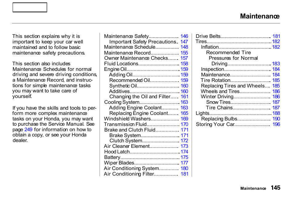 Maintenance | HONDA 2000 Insight  - Owner's Manual User Manual | Page 148 / 262