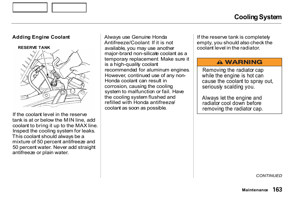 Cooling system | HONDA 2000 Insight  - Owner's Manual User Manual | Page 166 / 262