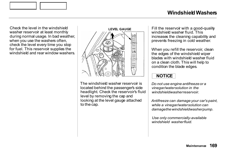 Windshield washers | HONDA 2000 Insight  - Owner's Manual User Manual | Page 172 / 262