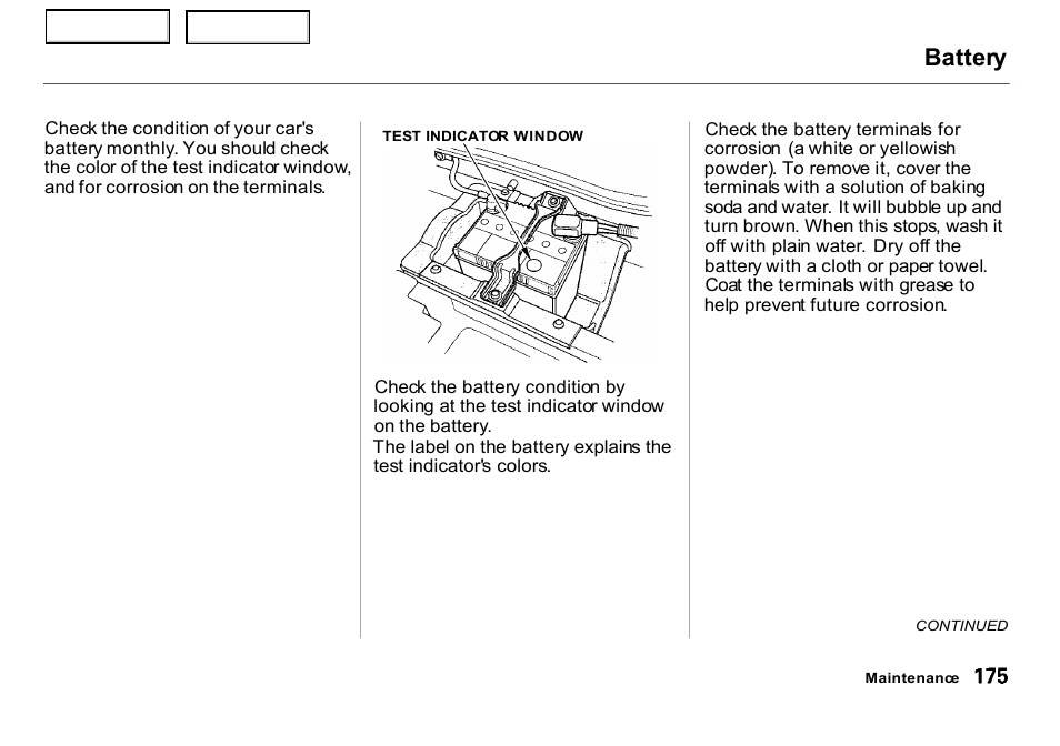Battery | HONDA 2000 Insight  - Owner's Manual User Manual | Page 178 / 262