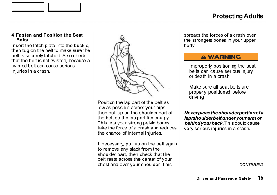 Protecting adults | HONDA 2000 Insight  - Owner's Manual User Manual | Page 18 / 262