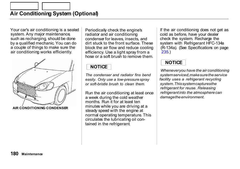 Air conditioning system (optional) | HONDA 2000 Insight  - Owner's Manual User Manual | Page 183 / 262