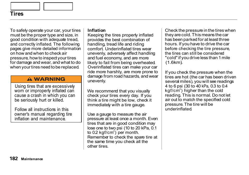 Tires | HONDA 2000 Insight  - Owner's Manual User Manual | Page 185 / 262