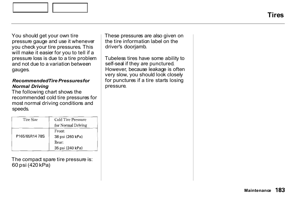 Tires | HONDA 2000 Insight  - Owner's Manual User Manual | Page 186 / 262
