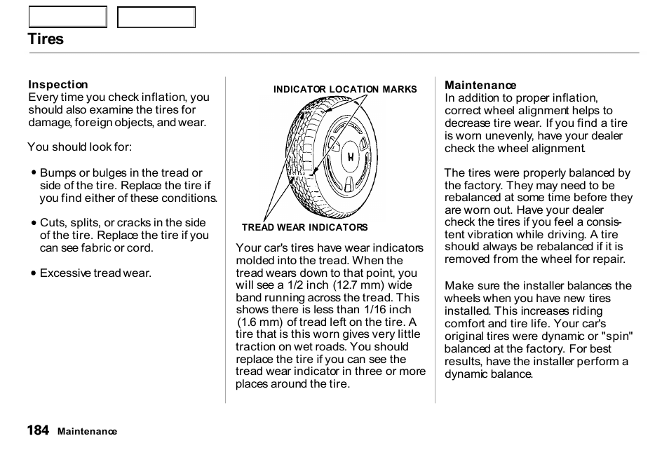 Tires | HONDA 2000 Insight  - Owner's Manual User Manual | Page 187 / 262