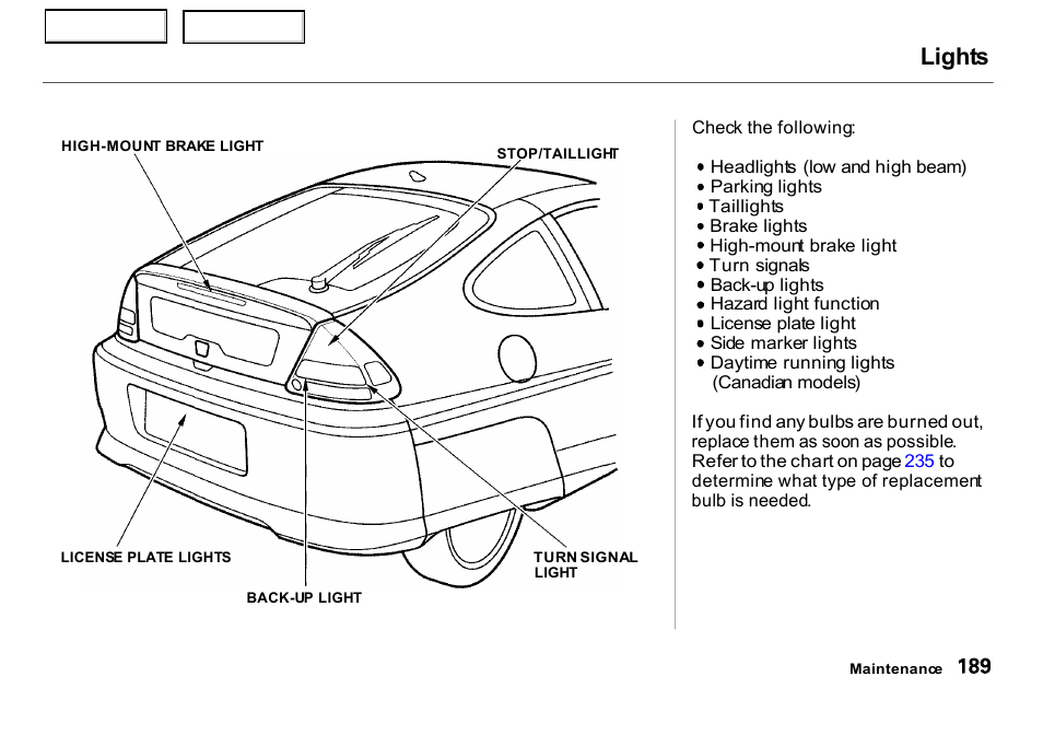 Lights | HONDA 2000 Insight  - Owner's Manual User Manual | Page 192 / 262