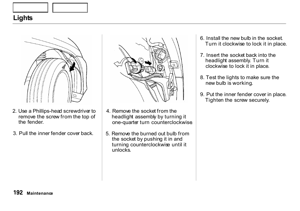 Lights | HONDA 2000 Insight  - Owner's Manual User Manual | Page 195 / 262