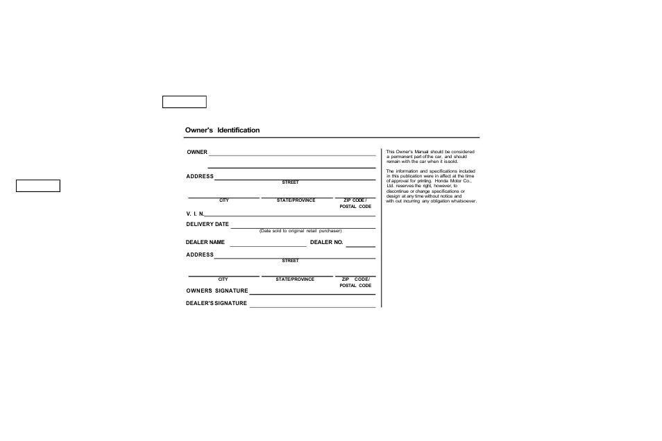 Owner's identification form, Owner's identification | HONDA 2000 Insight  - Owner's Manual User Manual | Page 2 / 262