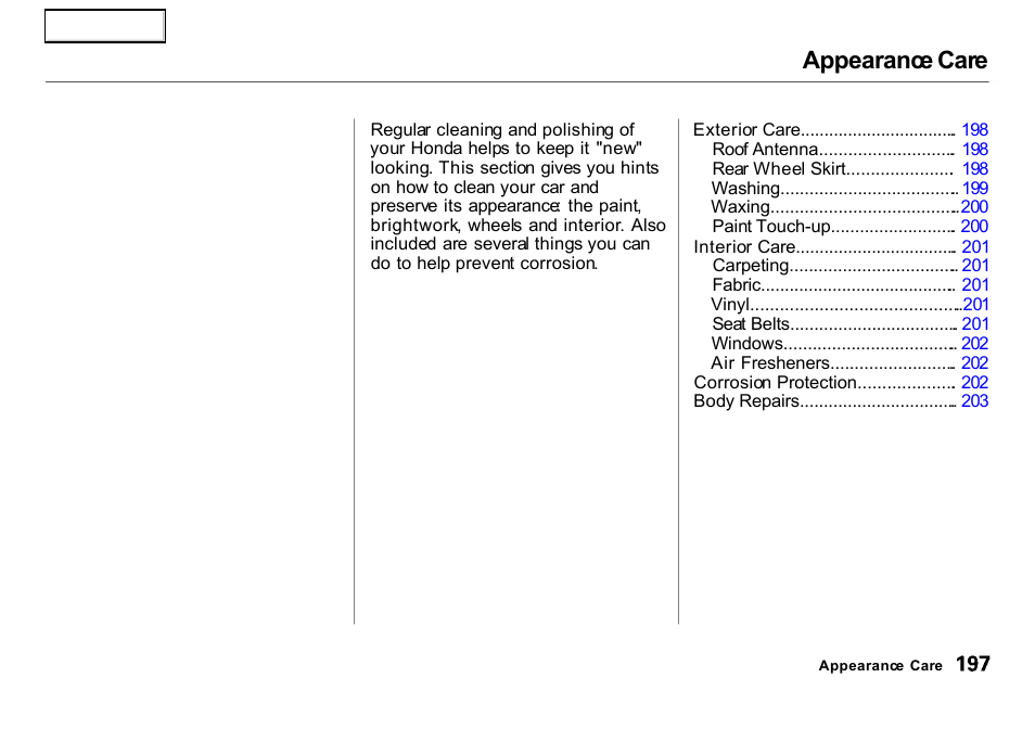 Appearance care | HONDA 2000 Insight  - Owner's Manual User Manual | Page 200 / 262