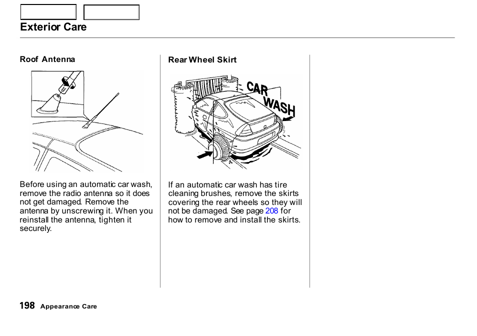 Exterior care | HONDA 2000 Insight  - Owner's Manual User Manual | Page 201 / 262