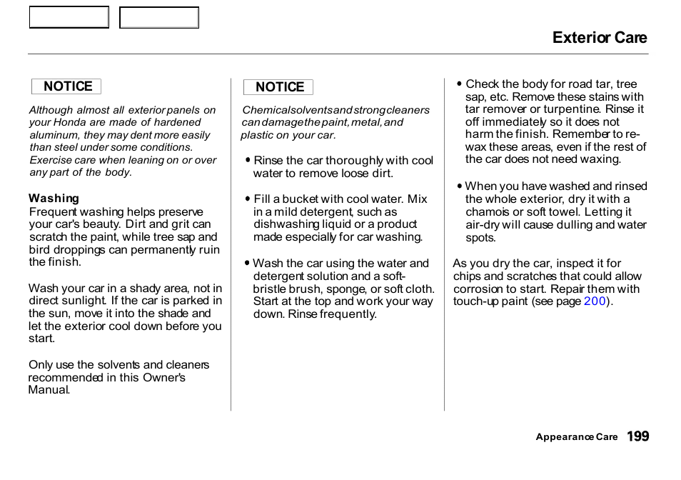 Exterior care | HONDA 2000 Insight  - Owner's Manual User Manual | Page 202 / 262