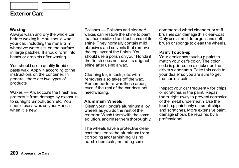 Exterior care | HONDA 2000 Insight  - Owner's Manual User Manual | Page 203 / 262