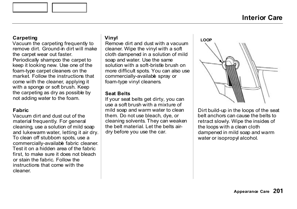 Vinyl, Interior care | HONDA 2000 Insight  - Owner's Manual User Manual | Page 204 / 262