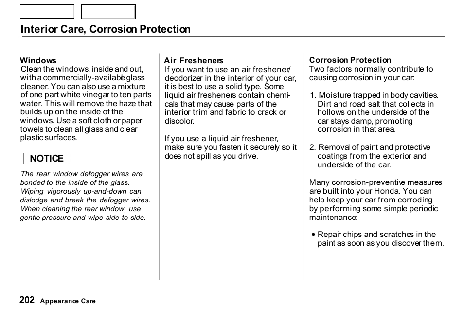 Interior care, corrosion protection | HONDA 2000 Insight  - Owner's Manual User Manual | Page 205 / 262