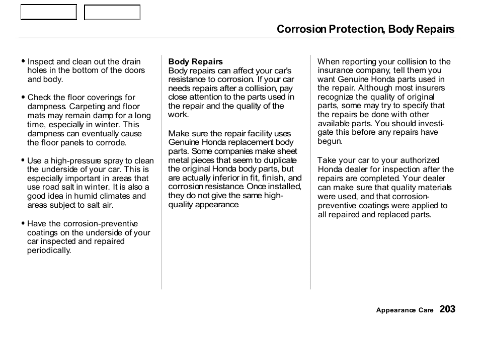 Corrosion protection, body repairs | HONDA 2000 Insight  - Owner's Manual User Manual | Page 206 / 262