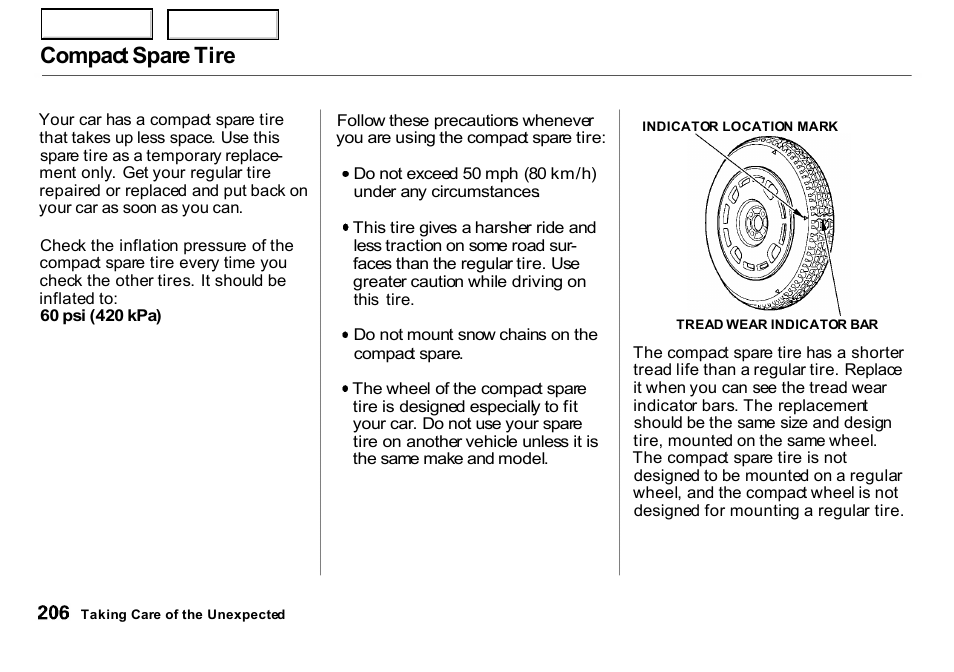 Compact spare tire | HONDA 2000 Insight  - Owner's Manual User Manual | Page 209 / 262