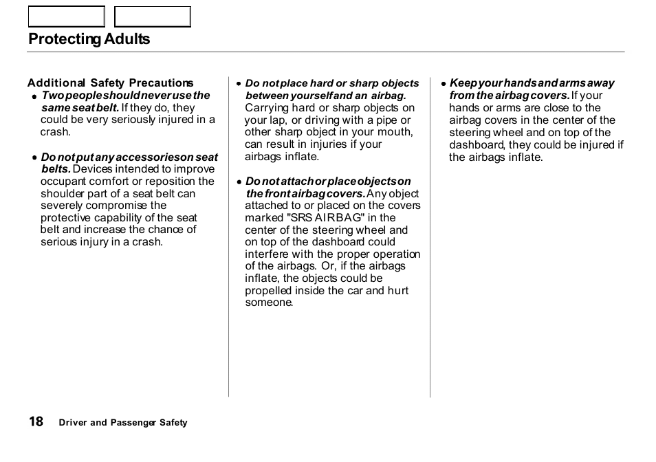 Protecting adults | HONDA 2000 Insight  - Owner's Manual User Manual | Page 21 / 262