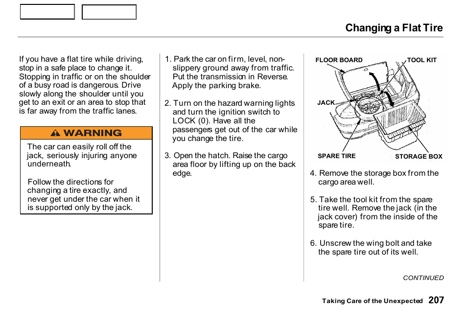 Changing a flat tire | HONDA 2000 Insight  - Owner's Manual User Manual | Page 210 / 262