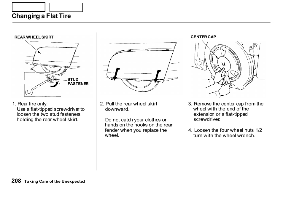 Changing a flat tire | HONDA 2000 Insight  - Owner's Manual User Manual | Page 211 / 262