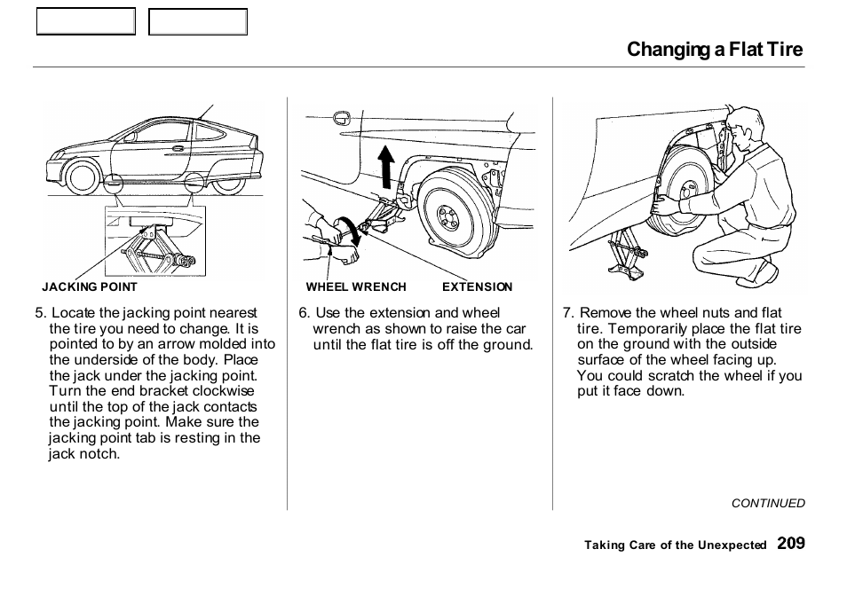 Changing a flat tire | HONDA 2000 Insight  - Owner's Manual User Manual | Page 212 / 262