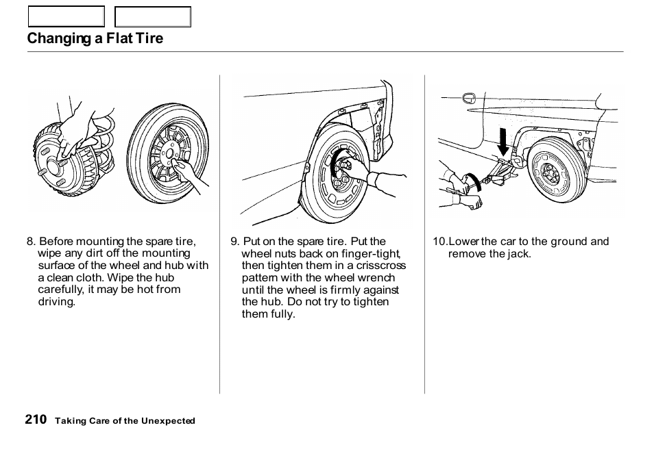 Changing a flat tire | HONDA 2000 Insight  - Owner's Manual User Manual | Page 213 / 262