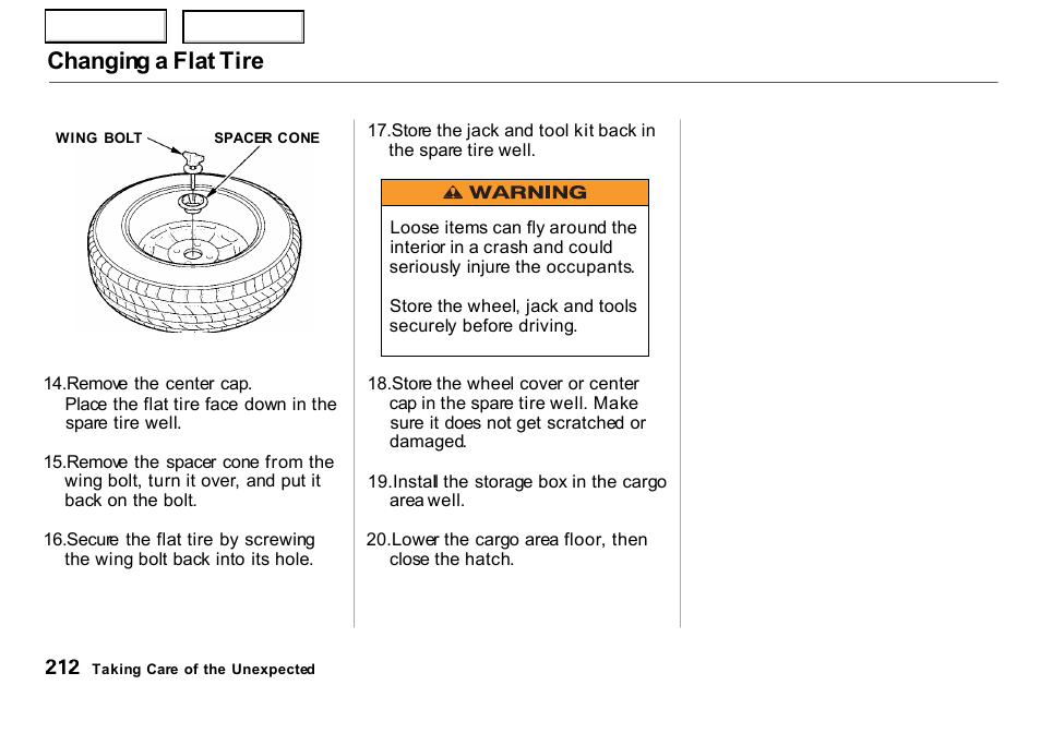 Changing a flat tire | HONDA 2000 Insight  - Owner's Manual User Manual | Page 215 / 262