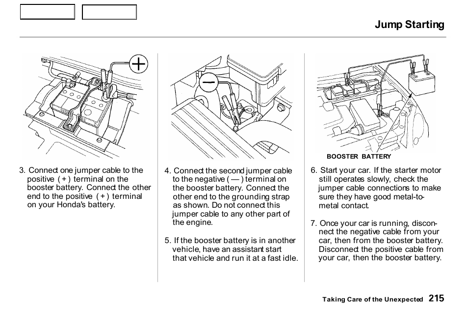 Jump starting | HONDA 2000 Insight  - Owner's Manual User Manual | Page 218 / 262
