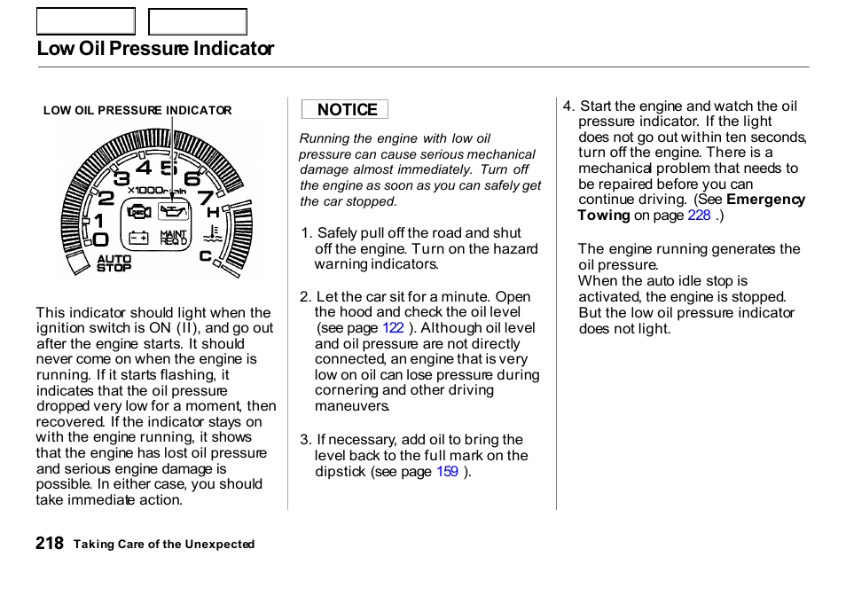 Low oil pressure indicator | HONDA 2000 Insight  - Owner's Manual User Manual | Page 221 / 262