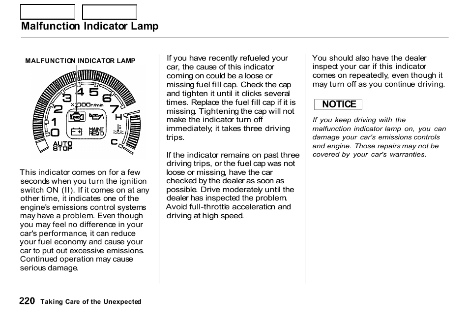 Malfunction indicator lamp, Notice | HONDA 2000 Insight  - Owner's Manual User Manual | Page 223 / 262