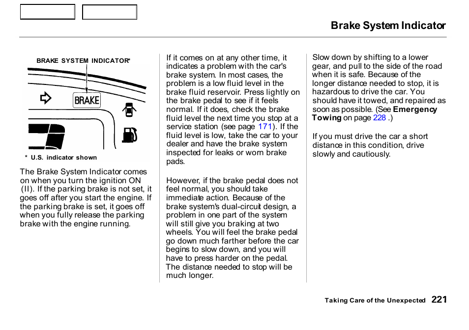 Brake system indicator | HONDA 2000 Insight  - Owner's Manual User Manual | Page 224 / 262