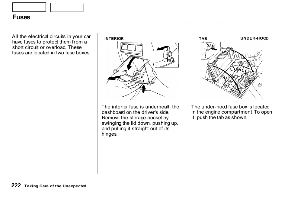 Fuses | HONDA 2000 Insight  - Owner's Manual User Manual | Page 225 / 262
