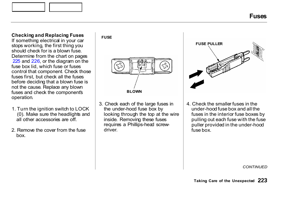 Fuses | HONDA 2000 Insight  - Owner's Manual User Manual | Page 226 / 262