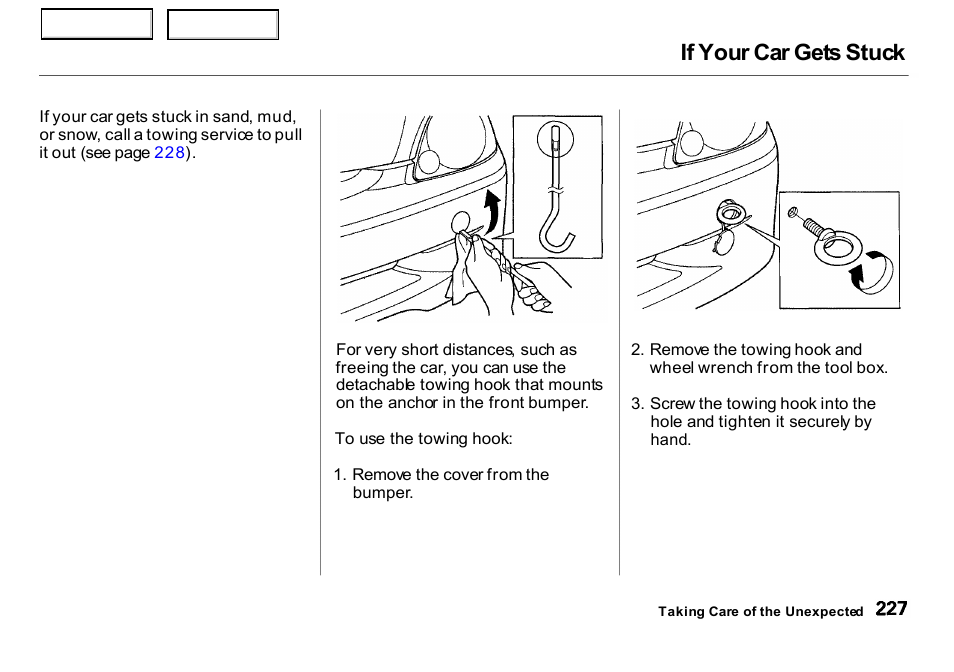 If your car gets stuck | HONDA 2000 Insight  - Owner's Manual User Manual | Page 230 / 262