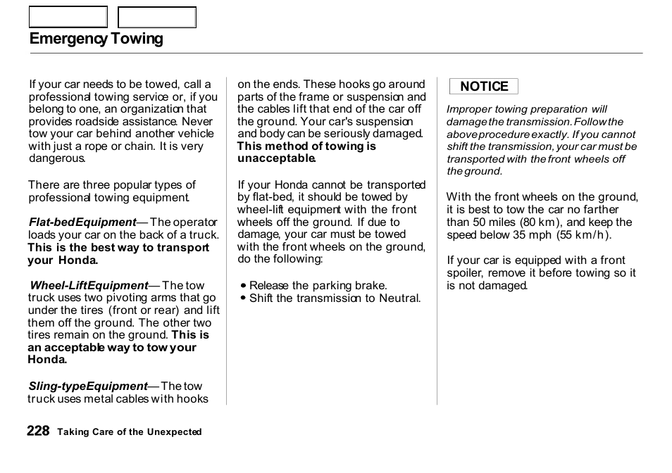 Emergency towing | HONDA 2000 Insight  - Owner's Manual User Manual | Page 231 / 262
