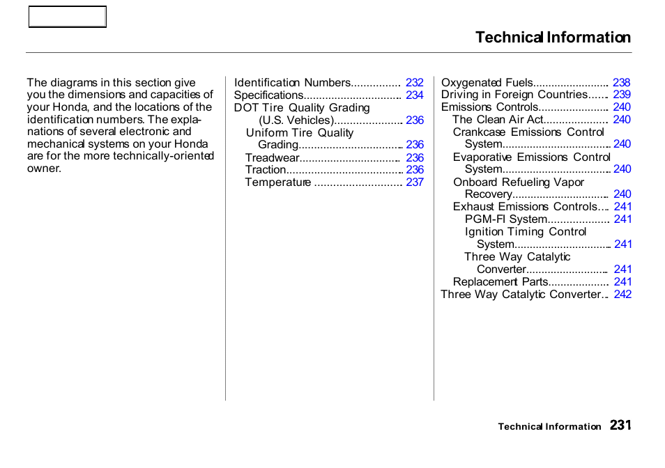 Technical information | HONDA 2000 Insight  - Owner's Manual User Manual | Page 234 / 262