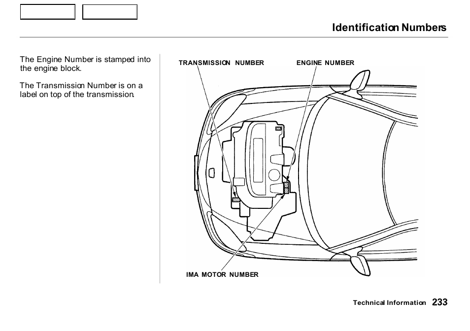 Identification numbers | HONDA 2000 Insight  - Owner's Manual User Manual | Page 236 / 262