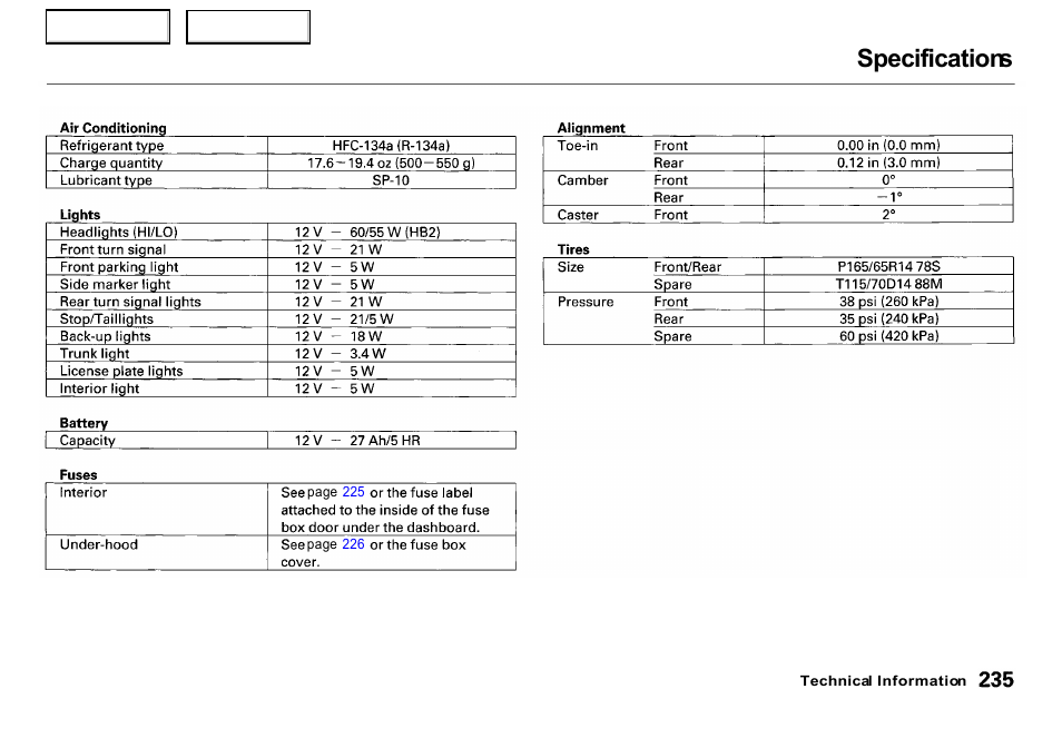 Specifications | HONDA 2000 Insight  - Owner's Manual User Manual | Page 238 / 262