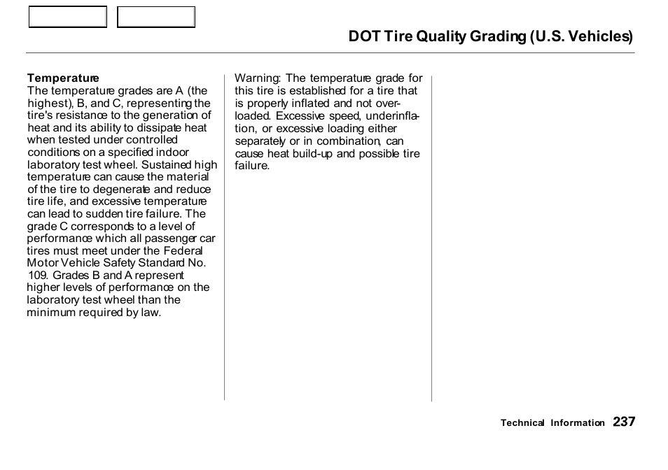 Dot tire quality grading (u.s. vehicles) | HONDA 2000 Insight  - Owner's Manual User Manual | Page 240 / 262