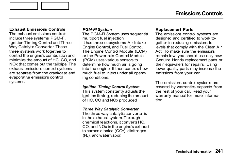 Emissions controls | HONDA 2000 Insight  - Owner's Manual User Manual | Page 244 / 262