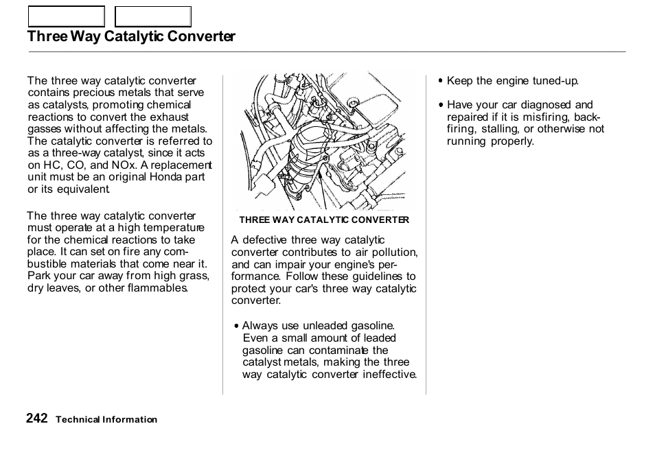 Three way catalytic converter | HONDA 2000 Insight  - Owner's Manual User Manual | Page 245 / 262