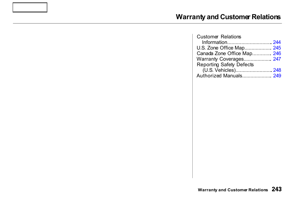 Warranty and customer relations | HONDA 2000 Insight  - Owner's Manual User Manual | Page 246 / 262