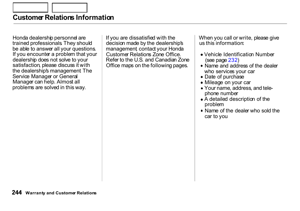 Customer relations information | HONDA 2000 Insight  - Owner's Manual User Manual | Page 247 / 262