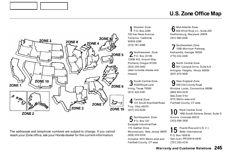 U.s. zone office map | HONDA 2000 Insight  - Owner's Manual User Manual | Page 248 / 262