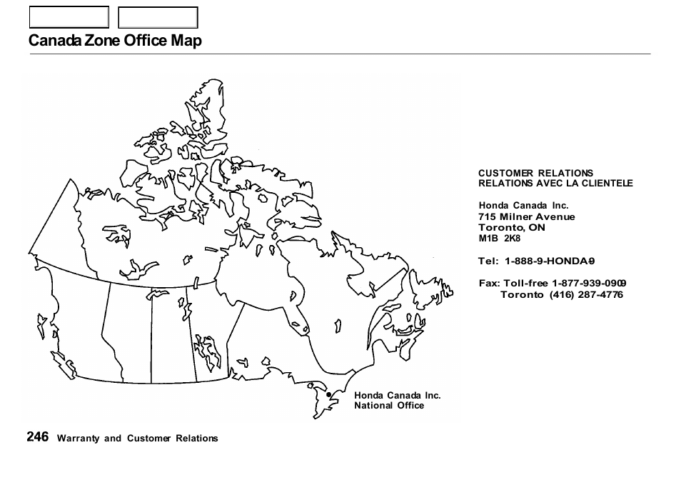 Canada zone office map | HONDA 2000 Insight  - Owner's Manual User Manual | Page 249 / 262