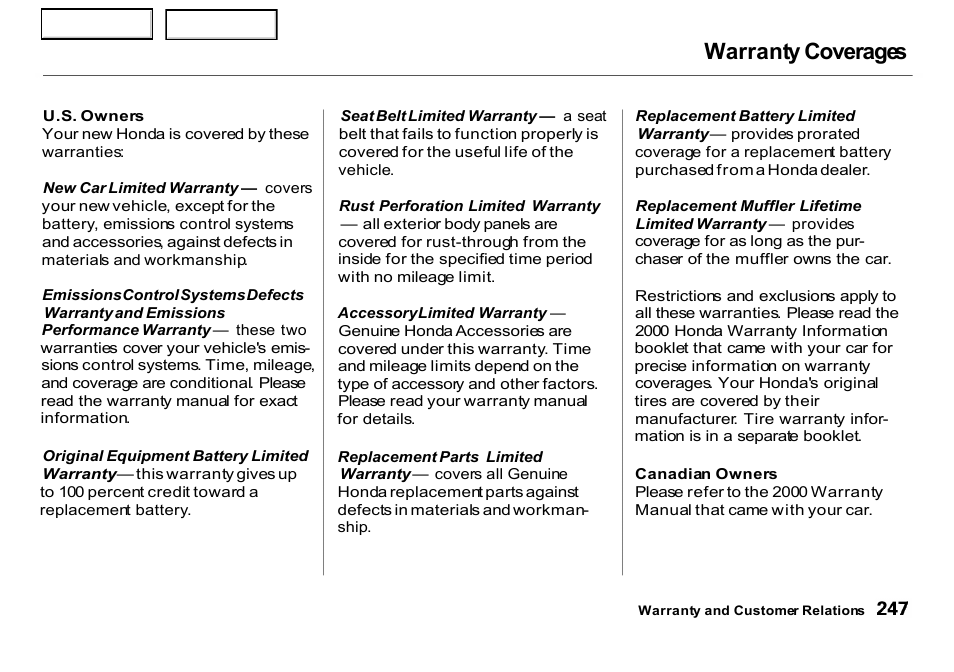 Warranty coverages | HONDA 2000 Insight  - Owner's Manual User Manual | Page 250 / 262