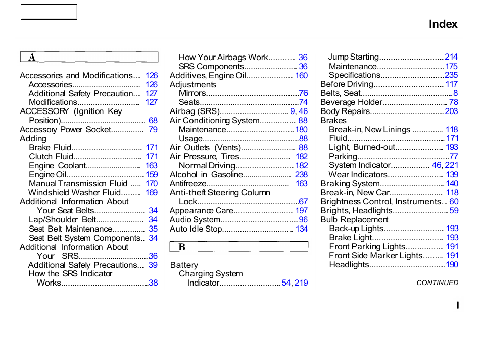 Index | HONDA 2000 Insight  - Owner's Manual User Manual | Page 254 / 262