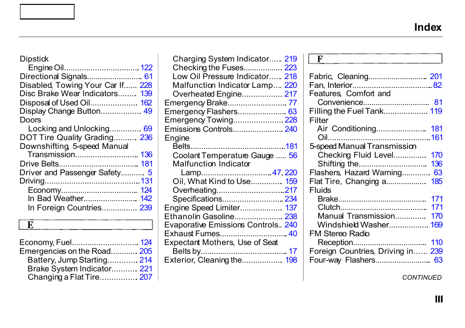 Index | HONDA 2000 Insight  - Owner's Manual User Manual | Page 256 / 262