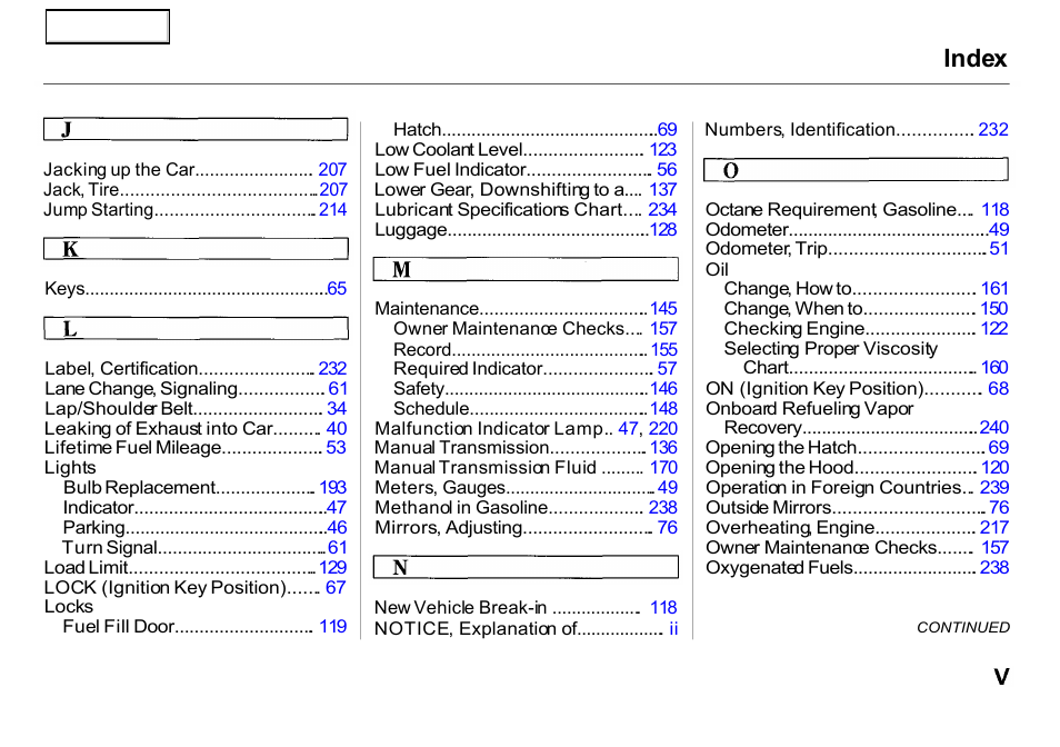 Index | HONDA 2000 Insight  - Owner's Manual User Manual | Page 258 / 262