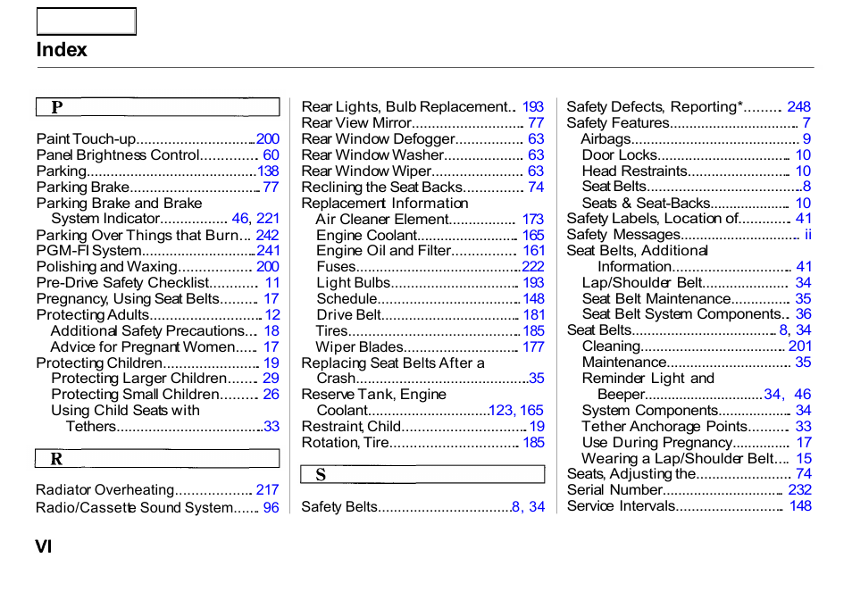 Index | HONDA 2000 Insight  - Owner's Manual User Manual | Page 259 / 262